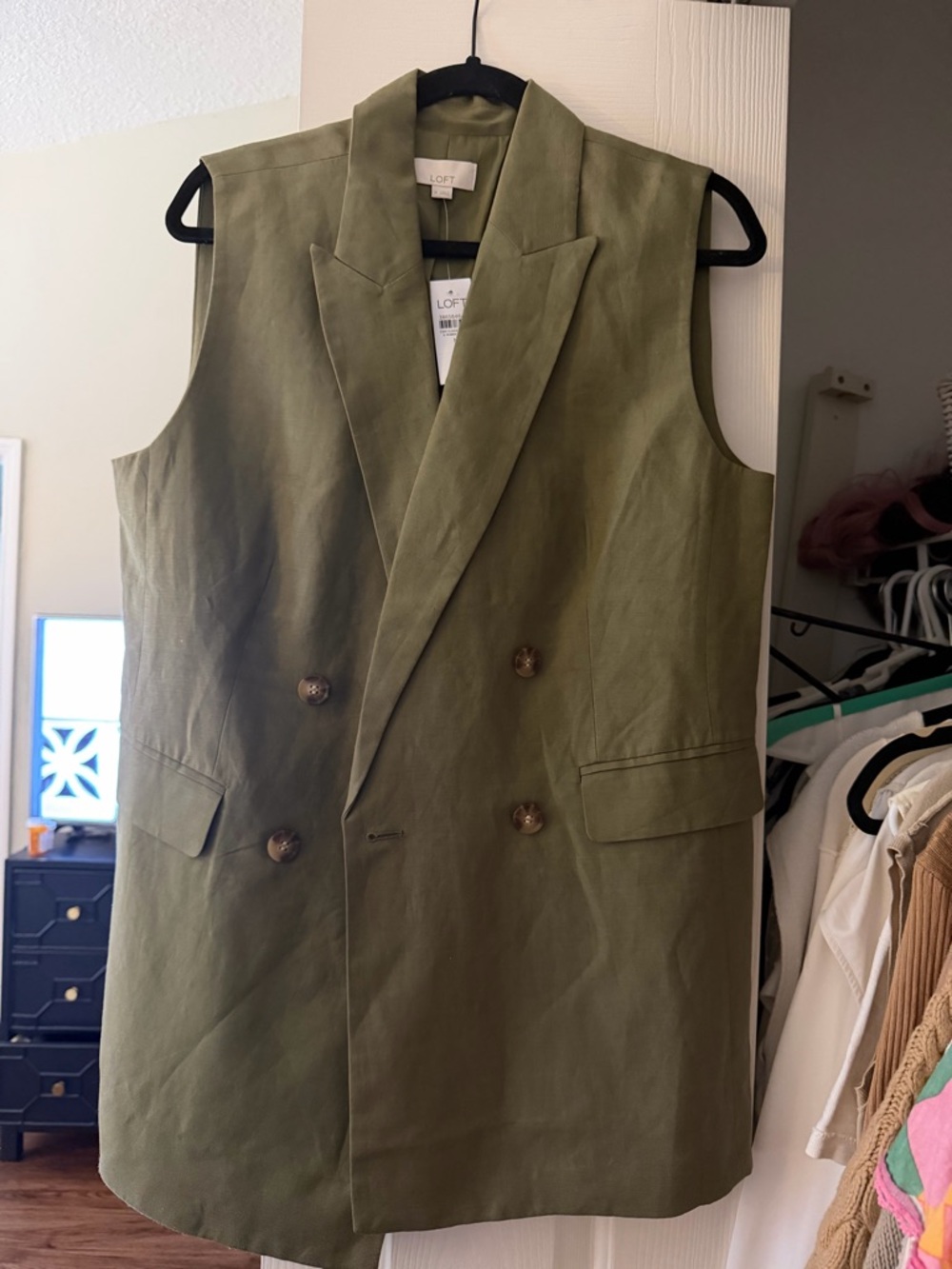 LOFT Olive Green Double-Breasted Sleeveless Blazer Vest